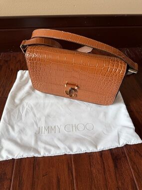 Jimmy Choo Camel Croc-Embossed Leather Shoulder Bag
